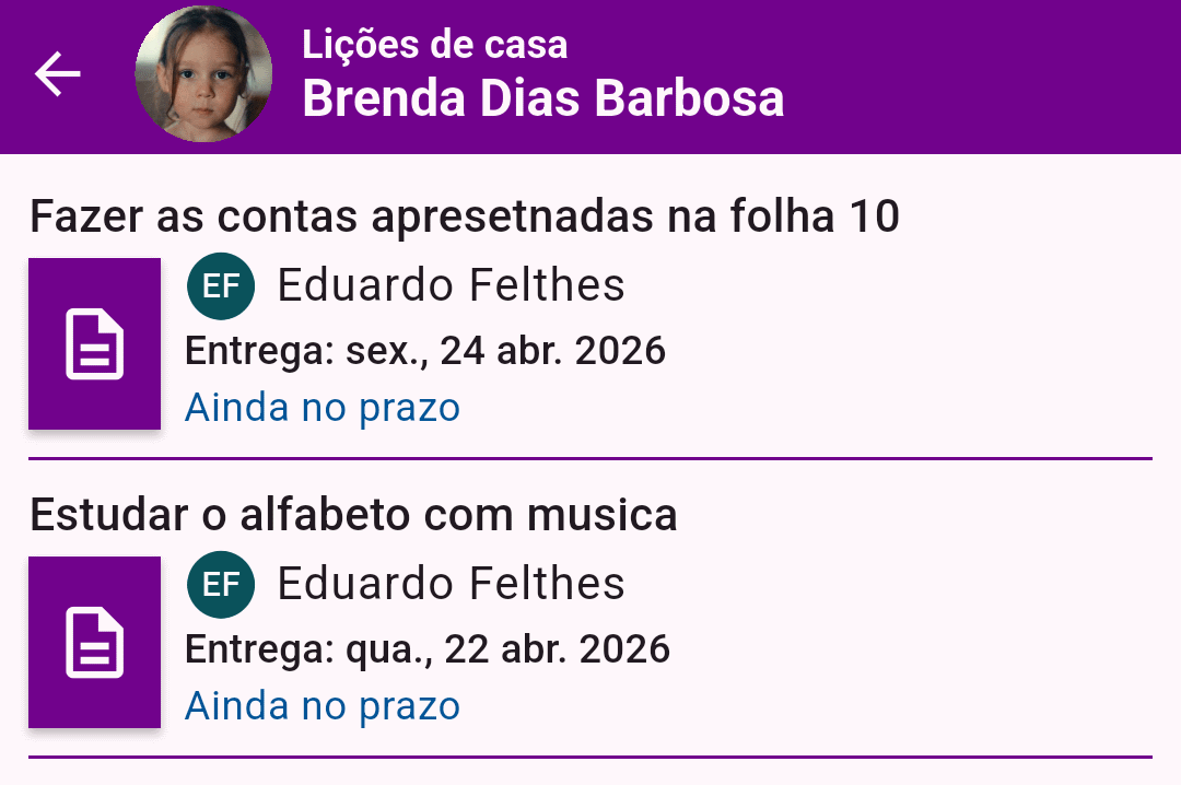 Histórico de lições de casa