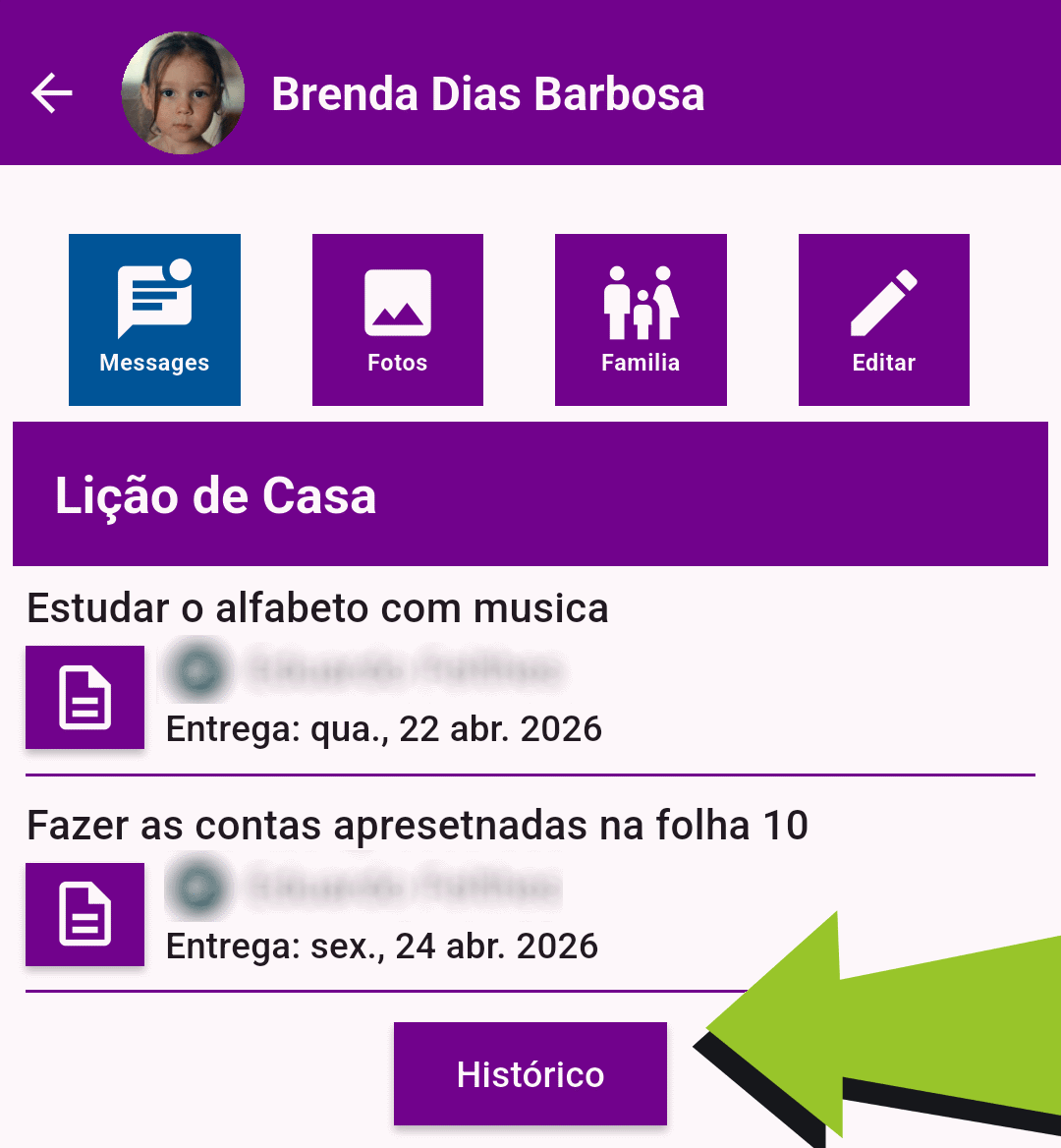 Histórico de lições de casa